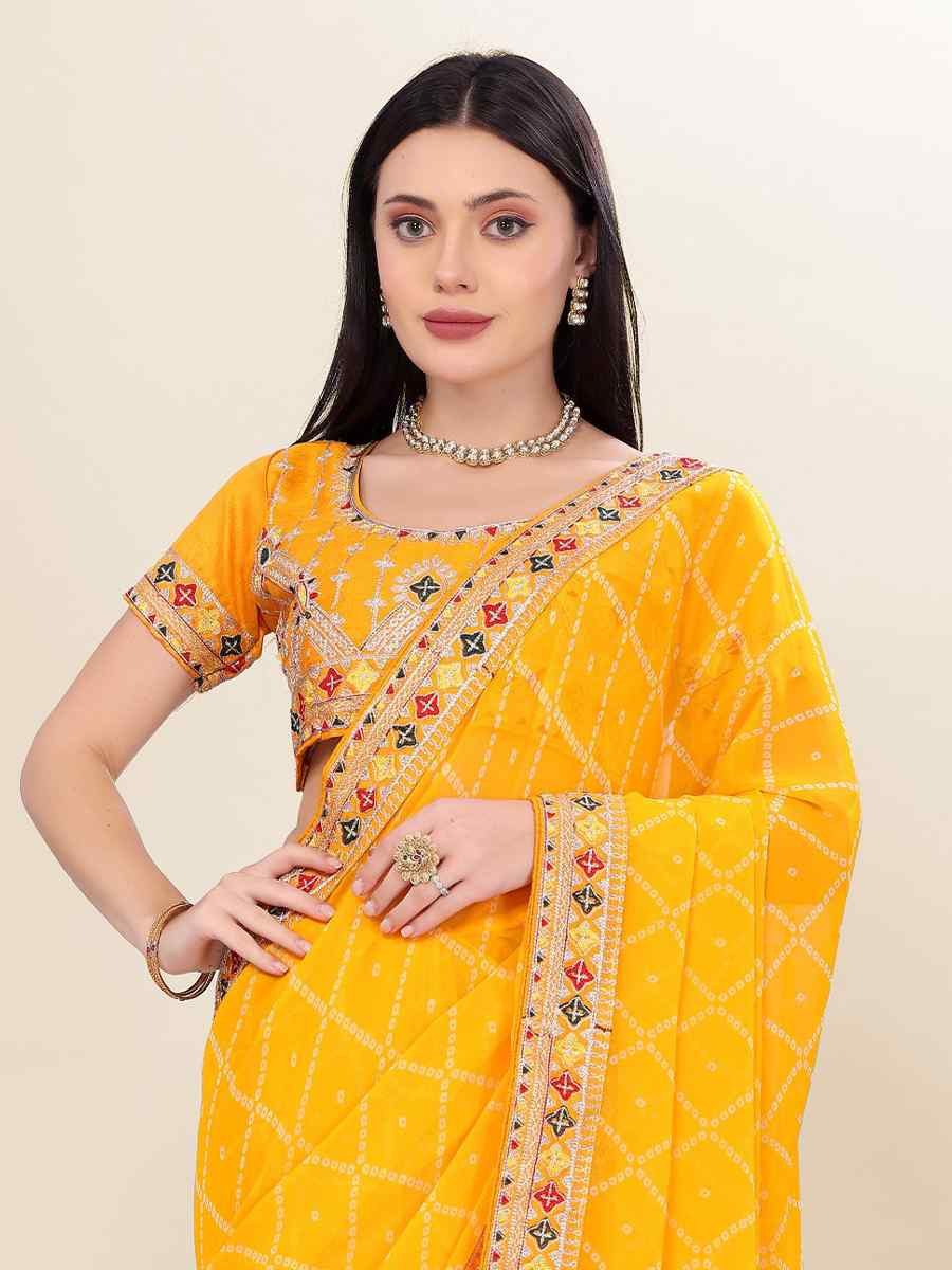 Yellow Georgette Embroidered Bridesmaid Reception Heavy Border Saree