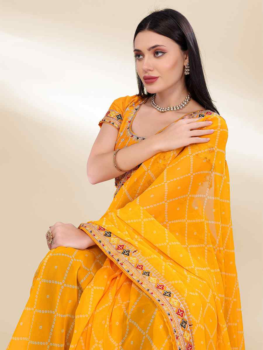Yellow Georgette Embroidered Bridesmaid Reception Heavy Border Saree