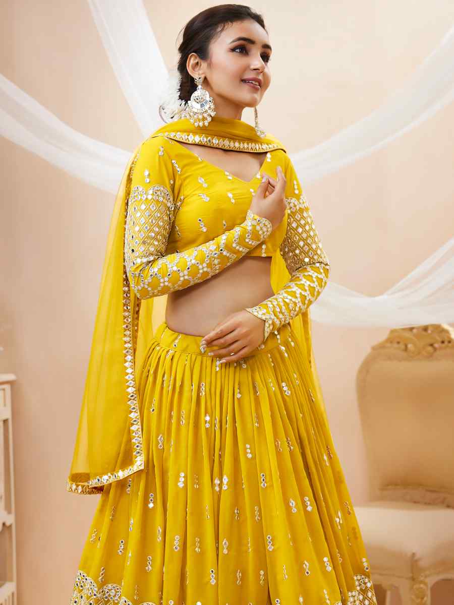 Yellow Georgette Embroidered Bridesmaid Wedding Heavy Border Lehenga Choli