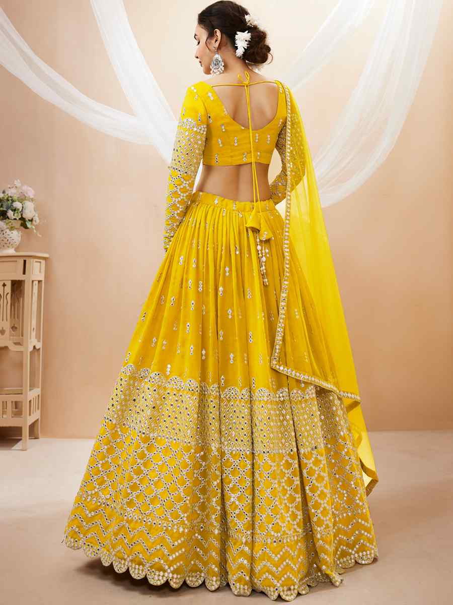 Yellow Georgette Embroidered Bridesmaid Wedding Heavy Border Lehenga Choli