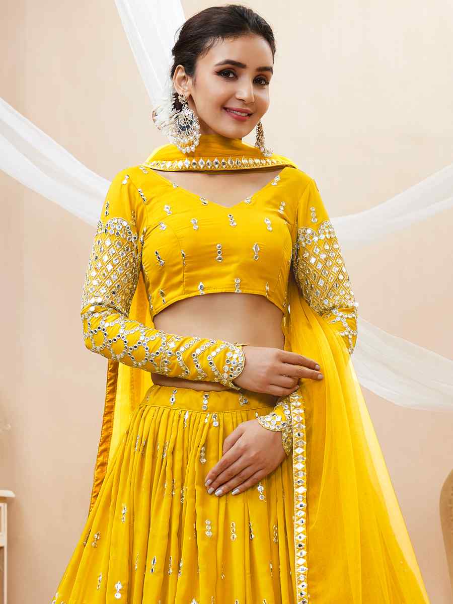 Yellow Georgette Embroidered Bridesmaid Wedding Heavy Border Lehenga Choli