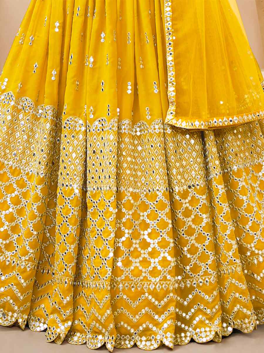 Yellow Georgette Embroidered Bridesmaid Wedding Heavy Border Lehenga Choli