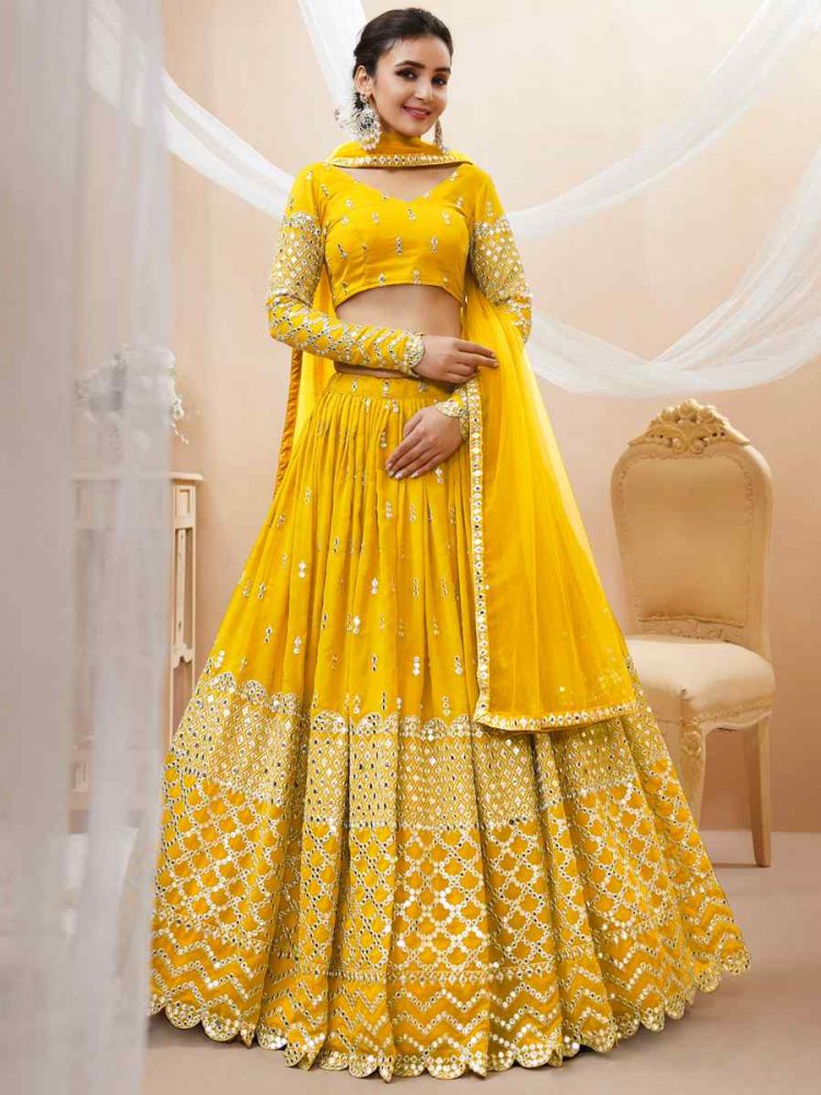Yellow Georgette Embroidered Bridesmaid Wedding Heavy Border Lehenga Choli