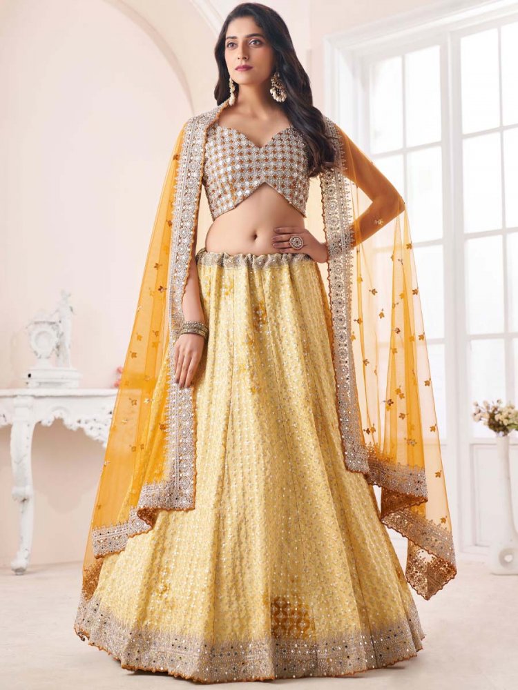Yellow Georgette Embroidered Engagement Wedding Heavy Border Lehenga Choli