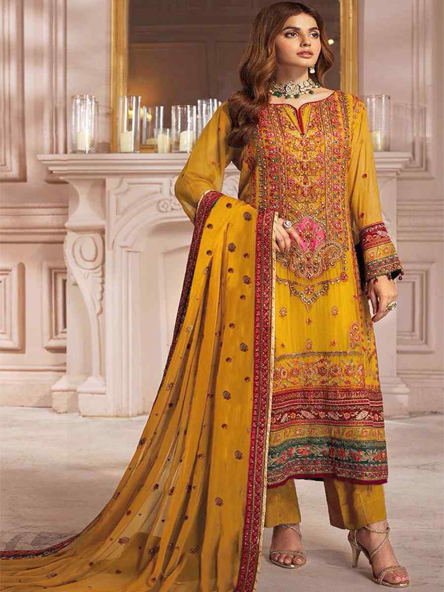 Yellow Georgette Embroidered Festival Casual Pant Salwar Kameez