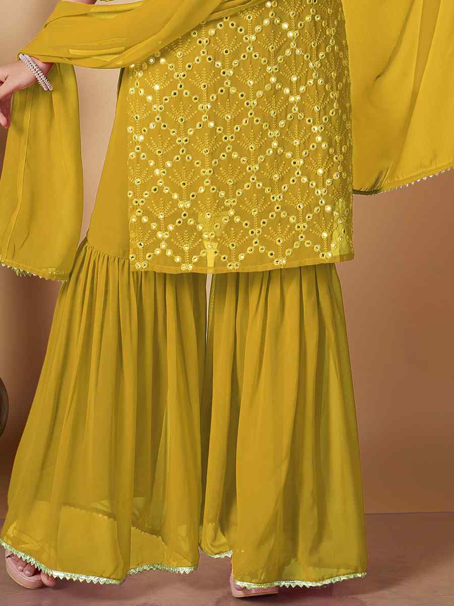 Yellow Georgette Embroidered Festival Casual Ready Palazzo Pant Salwar Kameez