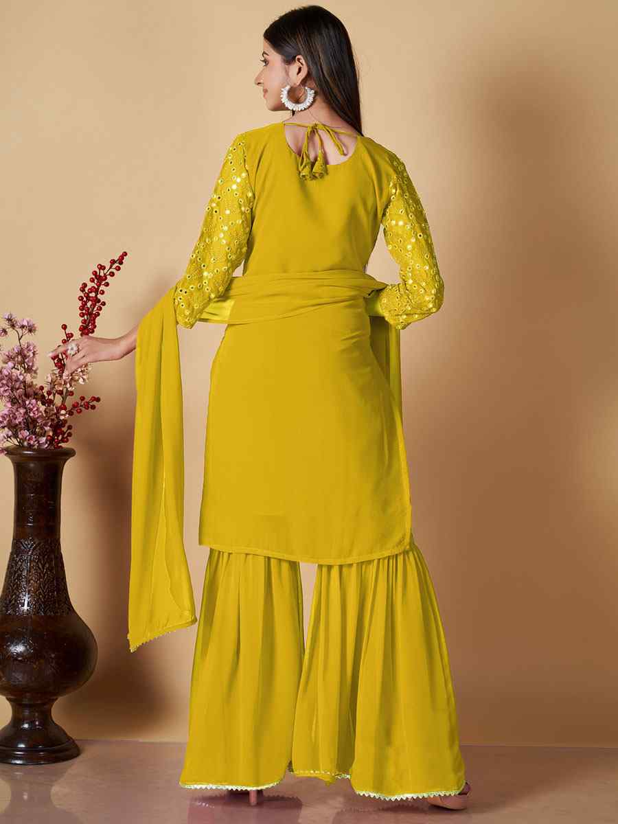 Yellow Georgette Embroidered Festival Casual Ready Palazzo Pant Salwar Kameez