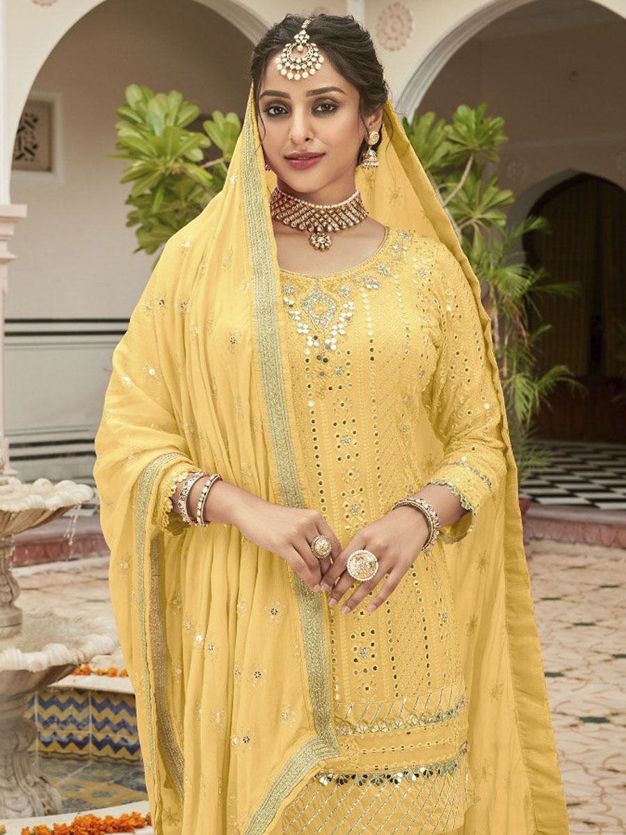 Yellow Georgette Embroidered Festival Pant Salwar Kameez