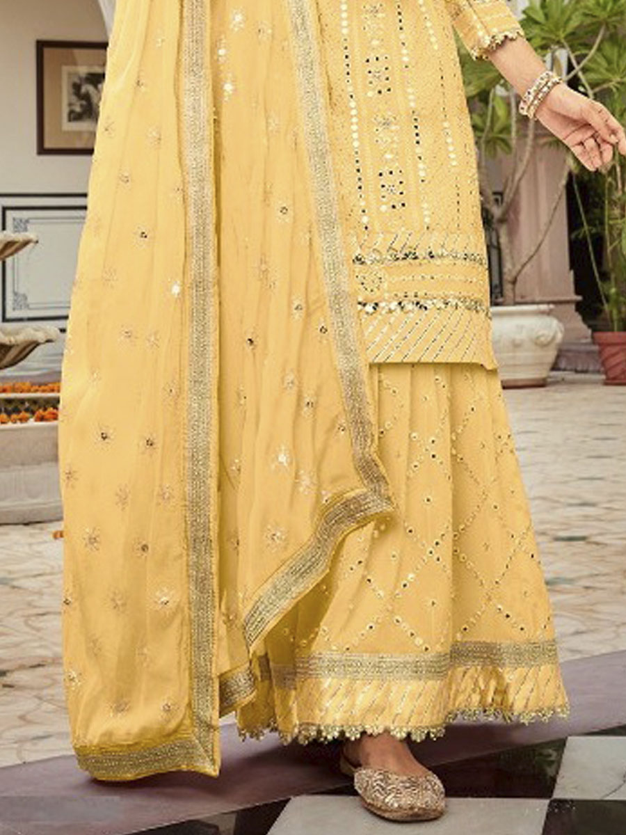 Yellow Georgette Embroidered Festival Pant Salwar Kameez