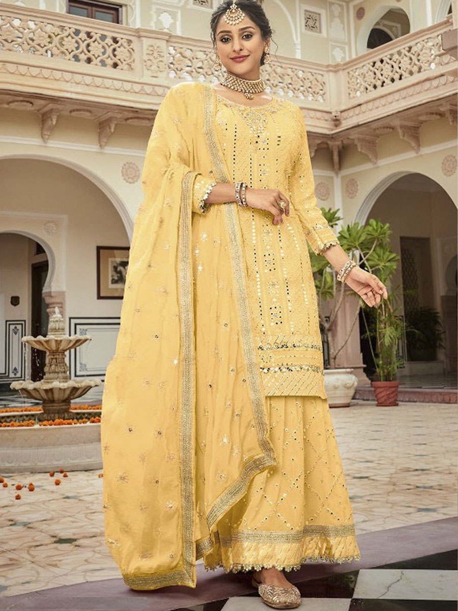 Yellow Georgette Embroidered Festival Pant Salwar Kameez