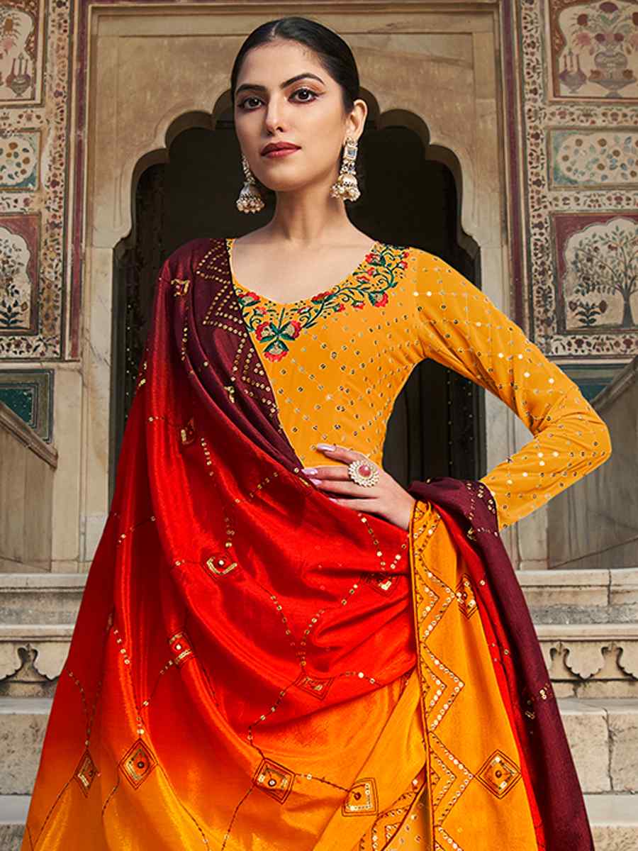 Yellow Georgette Embroidered Festival Party Gown