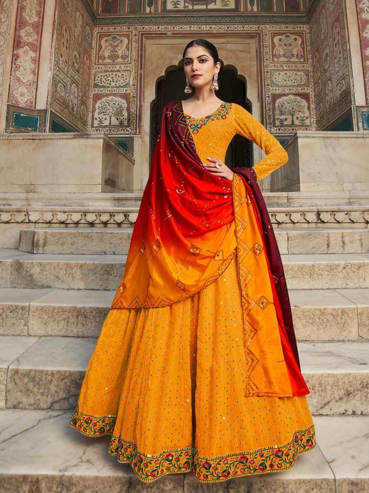 Yellow Georgette Embroidered Festival Party Gown