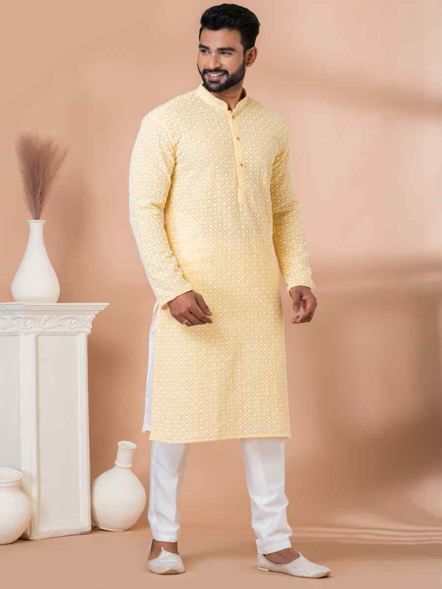 Yellow Georgette Embroidered Festival Party Kurta