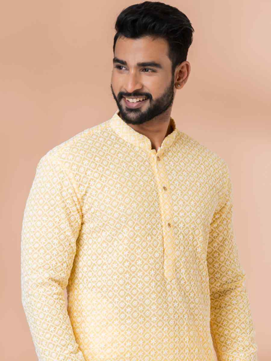 Yellow Georgette Embroidered Festival Party Kurta