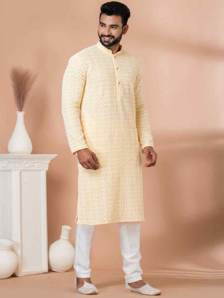 Yellow Georgette Embroidered Festival Party Kurta