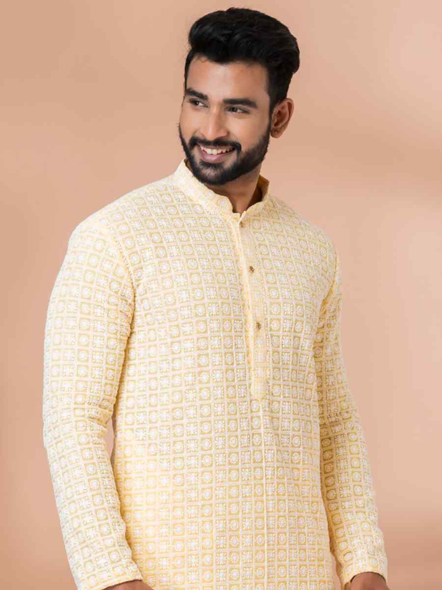 Yellow Georgette Embroidered Festival Party Kurta