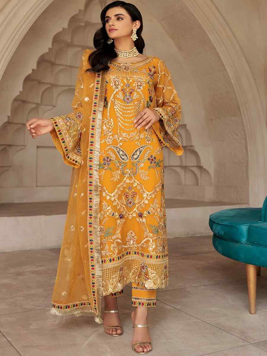 Yellow Georgette Embroidered Festival Party Pant Salwar Kameez