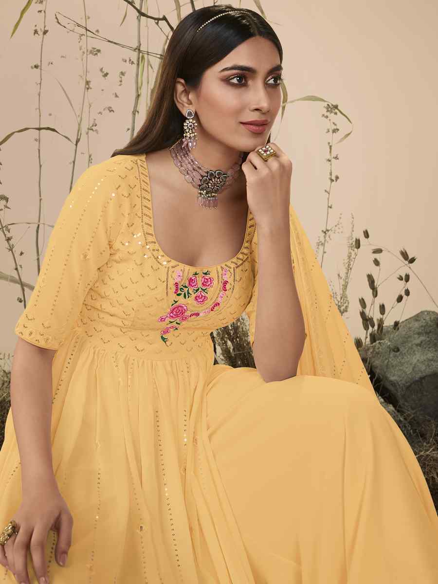 Yellow Georgette Embroidered Festival Wedding Anarkali Salwar Kameez