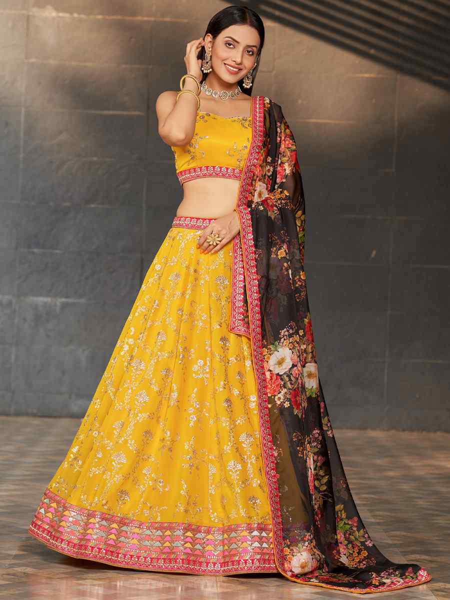 Yellow Georgette Embroidered Festival Wedding Circular Lehenga Choli