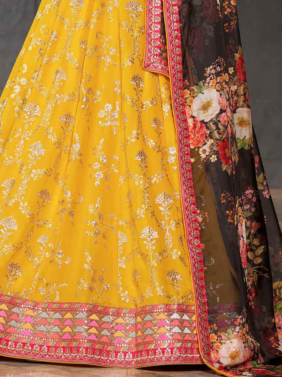Yellow Georgette Embroidered Festival Wedding Circular Lehenga Choli