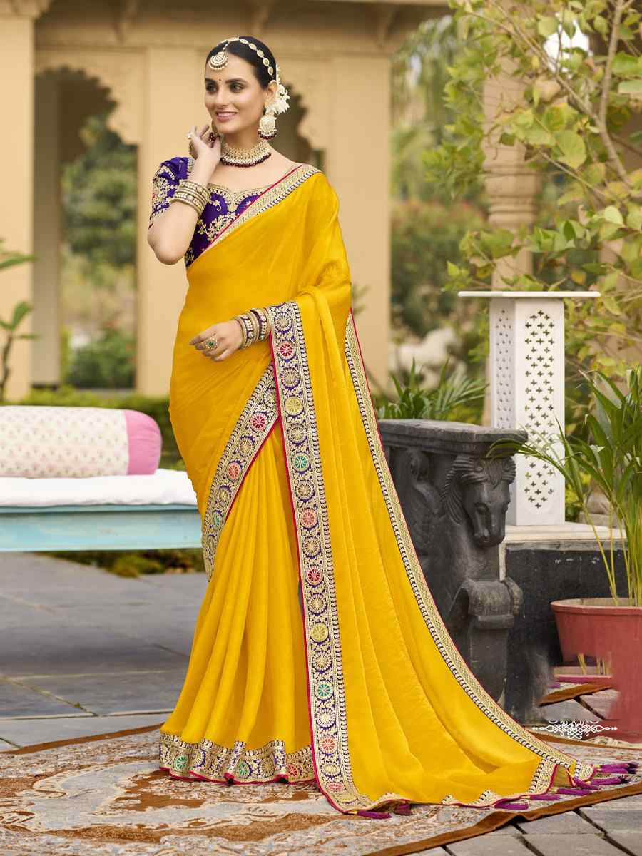 Yellow Georgette Embroidered Festival Wedding Fancy Heavy Border Saree