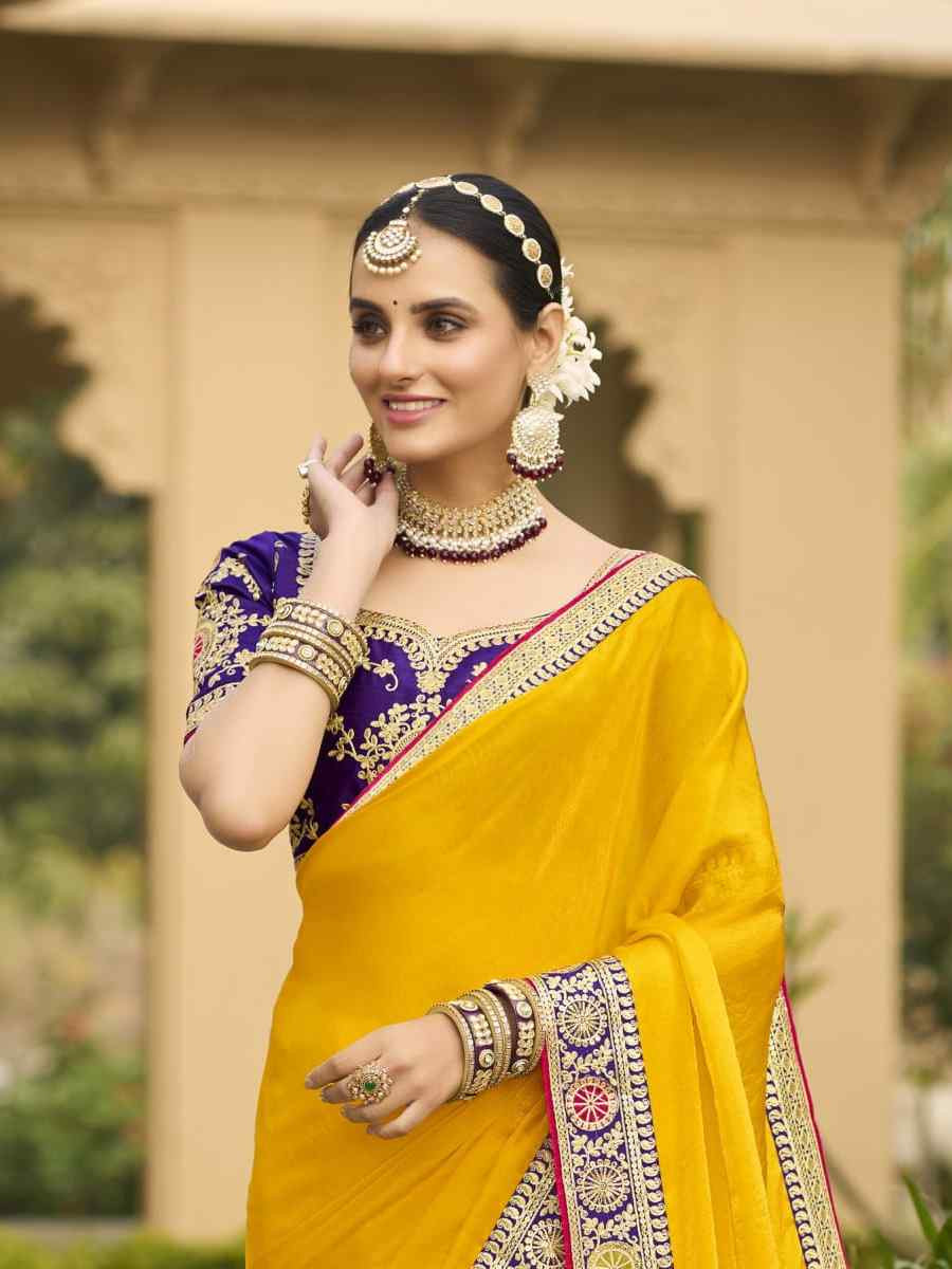 Yellow Georgette Embroidered Festival Wedding Fancy Heavy Border Saree
