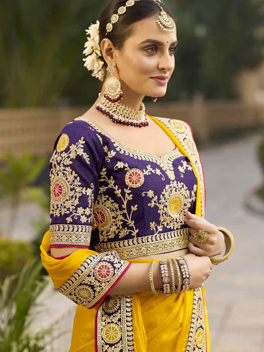 Yellow Georgette Embroidered Festival Wedding Fancy Heavy Border Saree