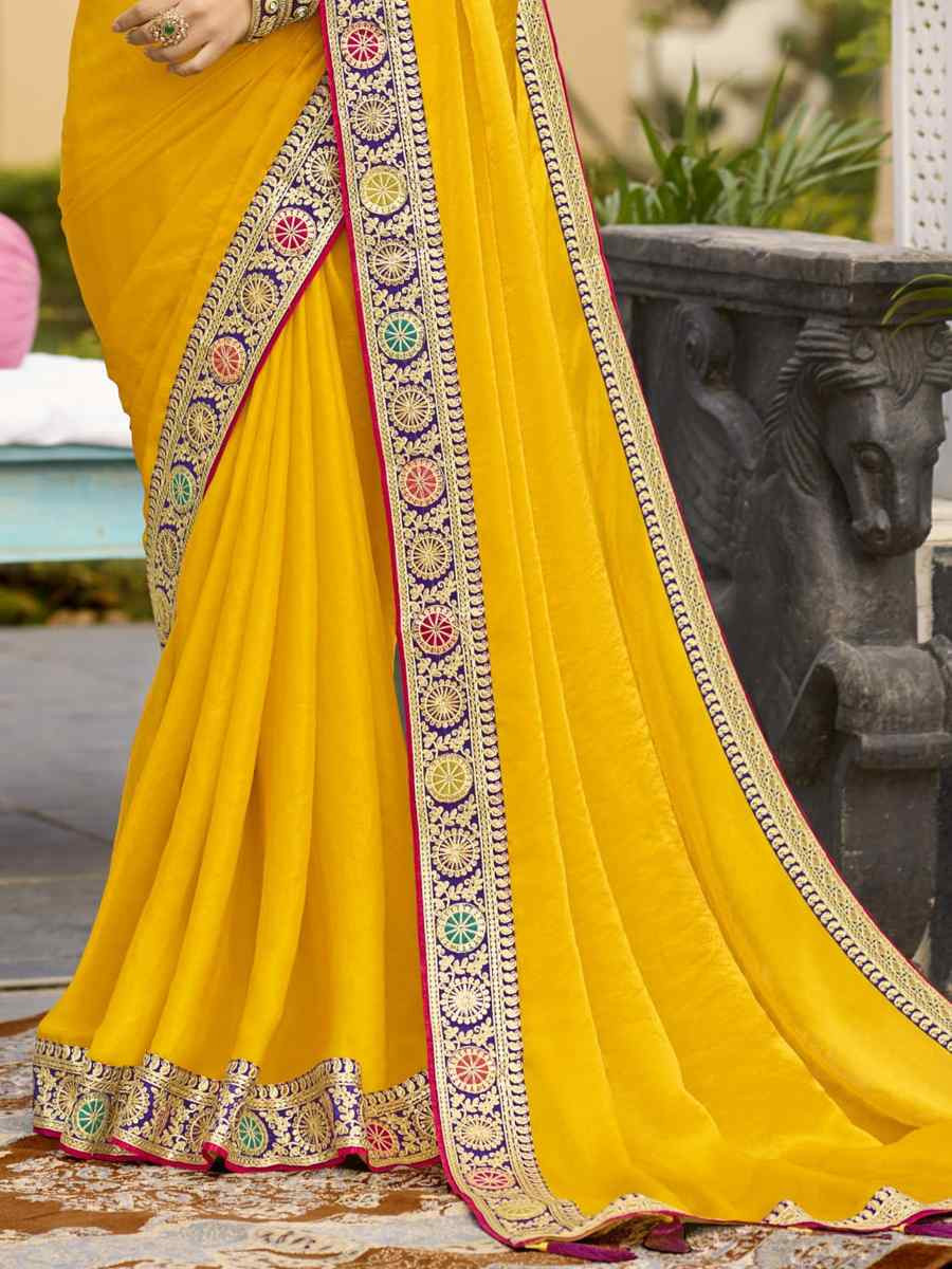 Yellow Georgette Embroidered Festival Wedding Fancy Heavy Border Saree