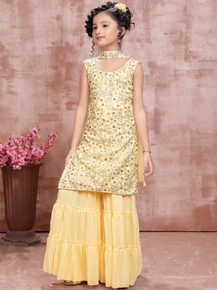 Yellow Georgette Embroidered Festival Wedding Kurta Sharara Girls Wear