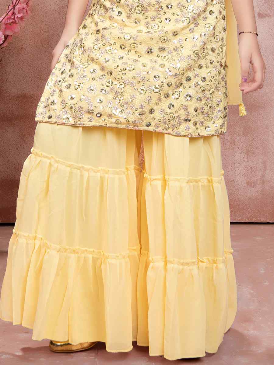 Yellow Georgette Embroidered Festival Wedding Kurta Sharara Girls Wear