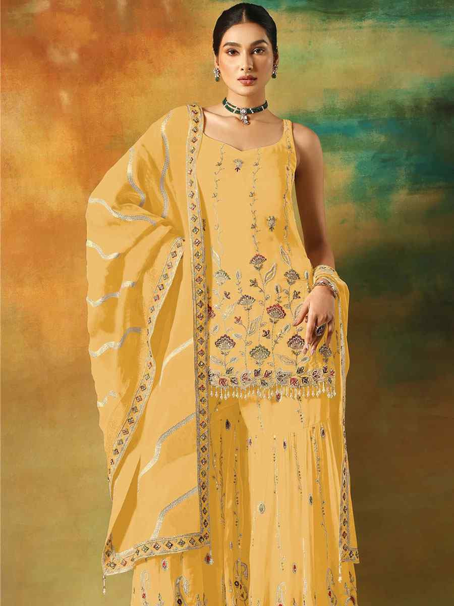 Yellow Georgette Embroidered Festival Wedding Sharara Pant Salwar Kameez