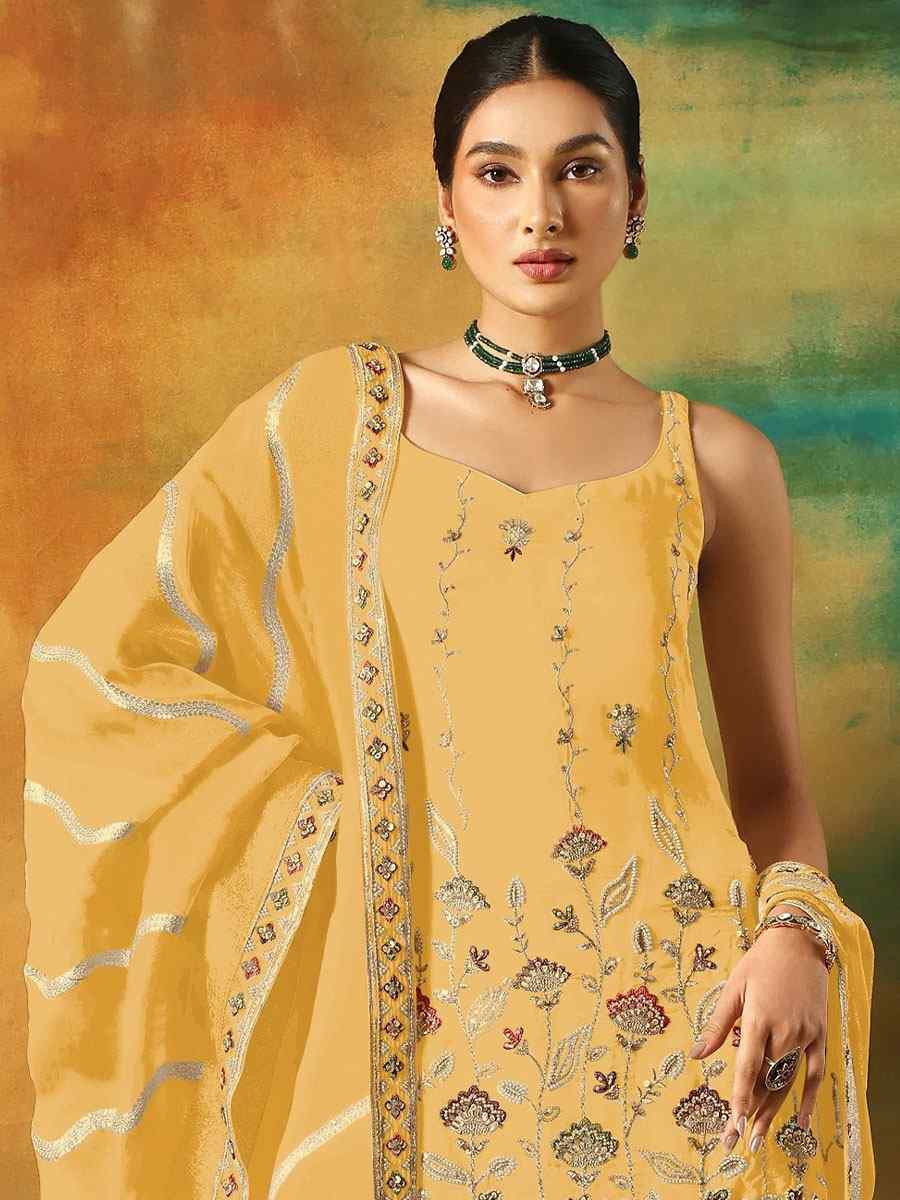 Yellow Georgette Embroidered Festival Wedding Sharara Pant Salwar Kameez