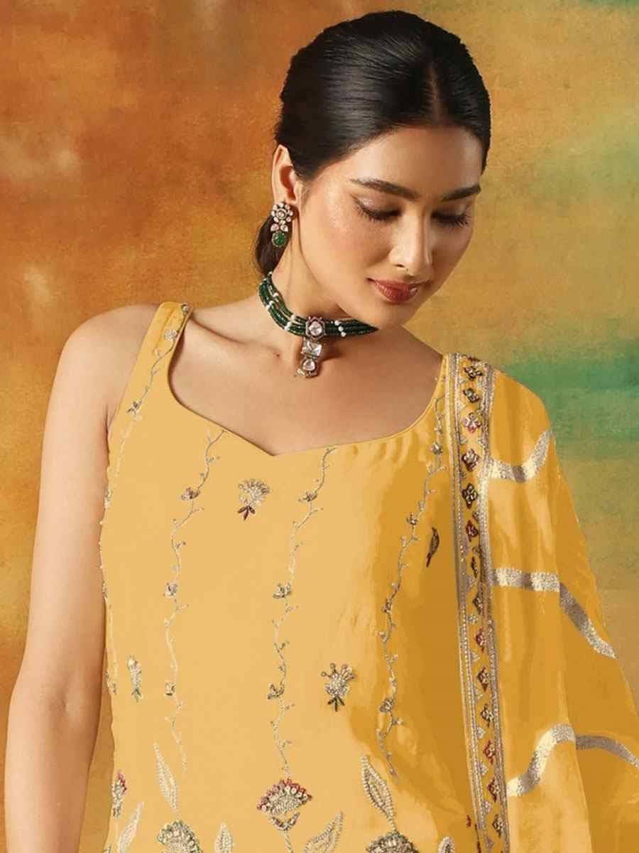 Yellow Georgette Embroidered Festival Wedding Sharara Pant Salwar Kameez