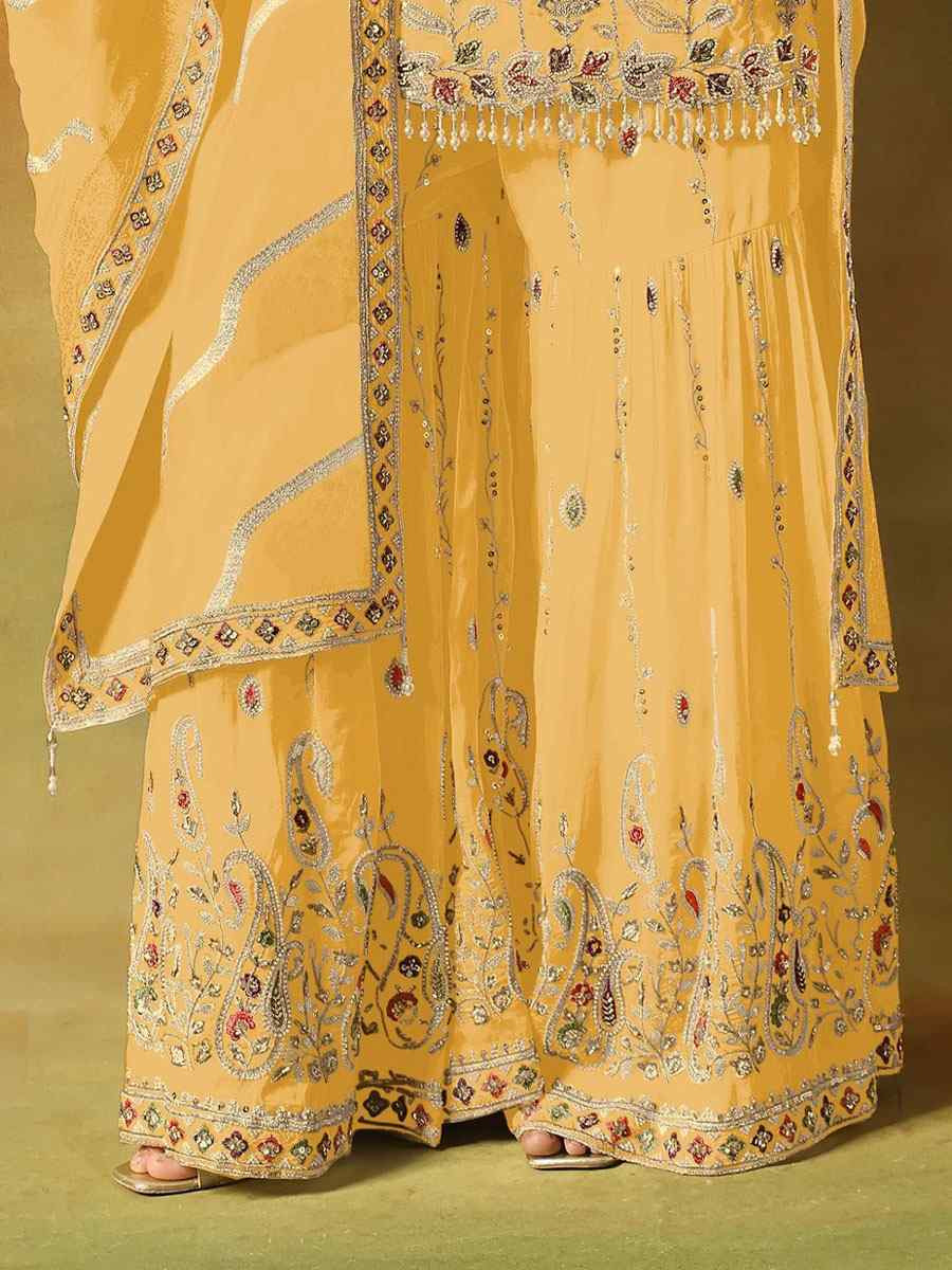 Yellow Georgette Embroidered Festival Wedding Sharara Pant Salwar Kameez