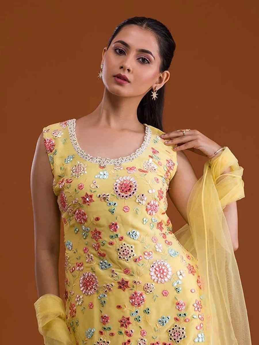 Yellow Georgette Embroidered Festival Wedding Sharara Pant Salwar Kameez