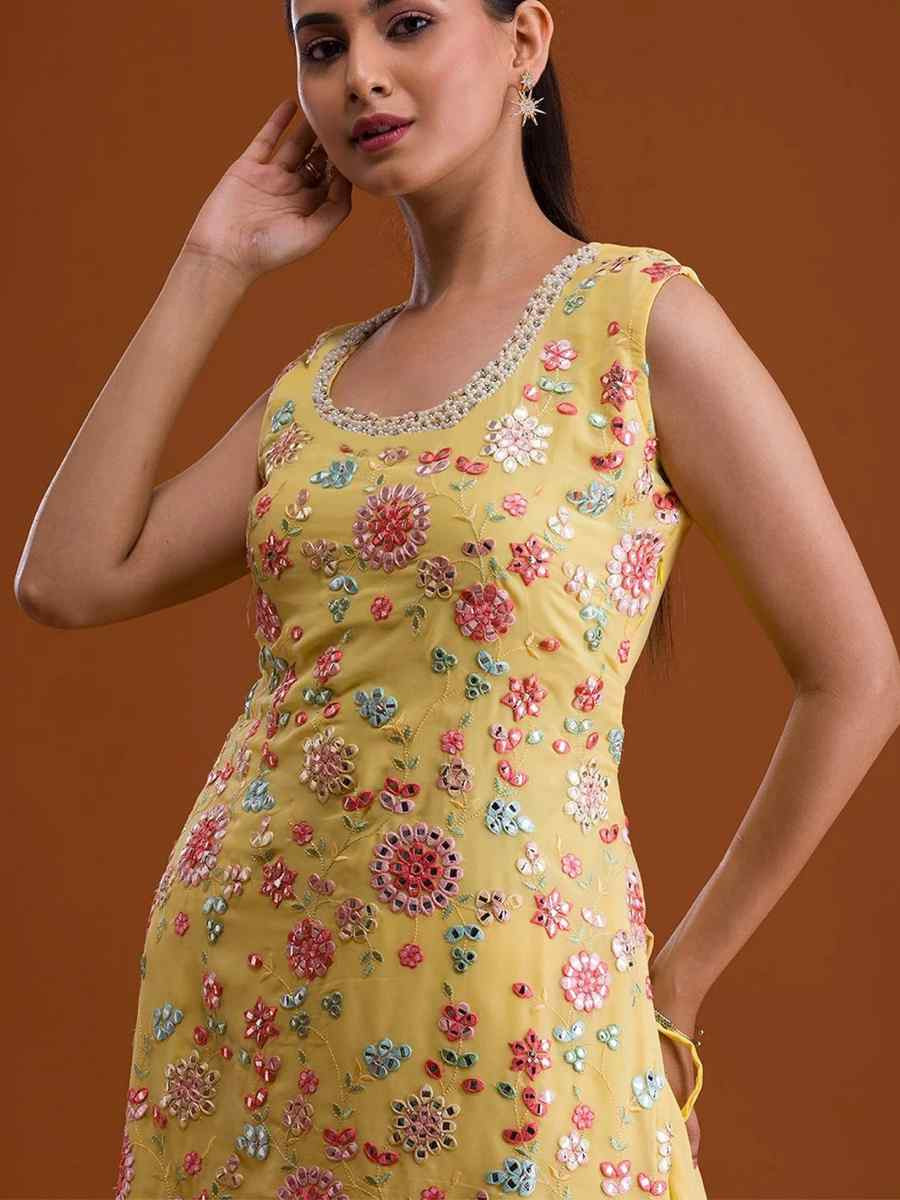 Yellow Georgette Embroidered Festival Wedding Sharara Pant Salwar Kameez