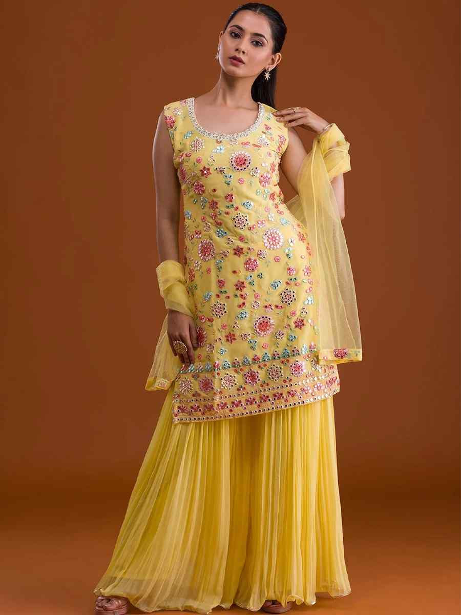 Yellow Georgette Embroidered Festival Wedding Sharara Pant Salwar Kameez