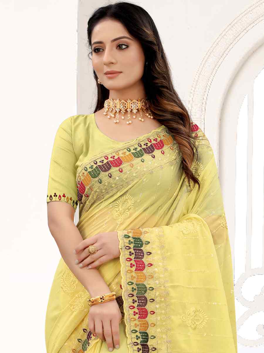 Yellow Georgette Embroidered Party Festival Heavy Border Saree