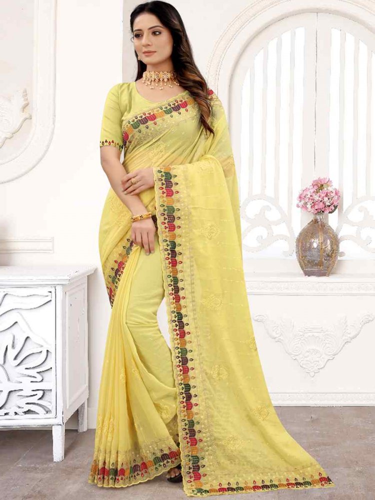 Yellow Georgette Embroidered Party Festival Heavy Border Saree