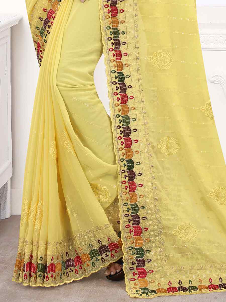 Yellow Georgette Embroidered Party Festival Heavy Border Saree