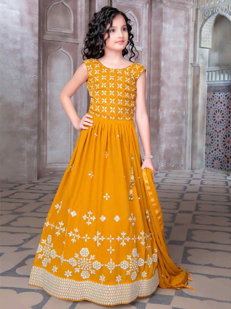 Yellow Georgette Embroidered Party Festival Lehengas Girls Wear