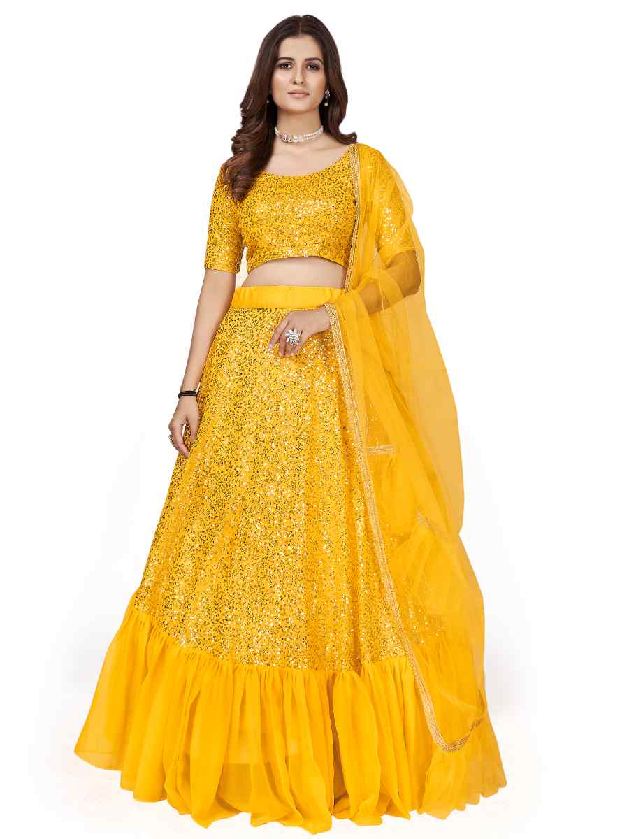 Yellow Georgette Embroidered Party Wear Festival Circular Lehenga Choli