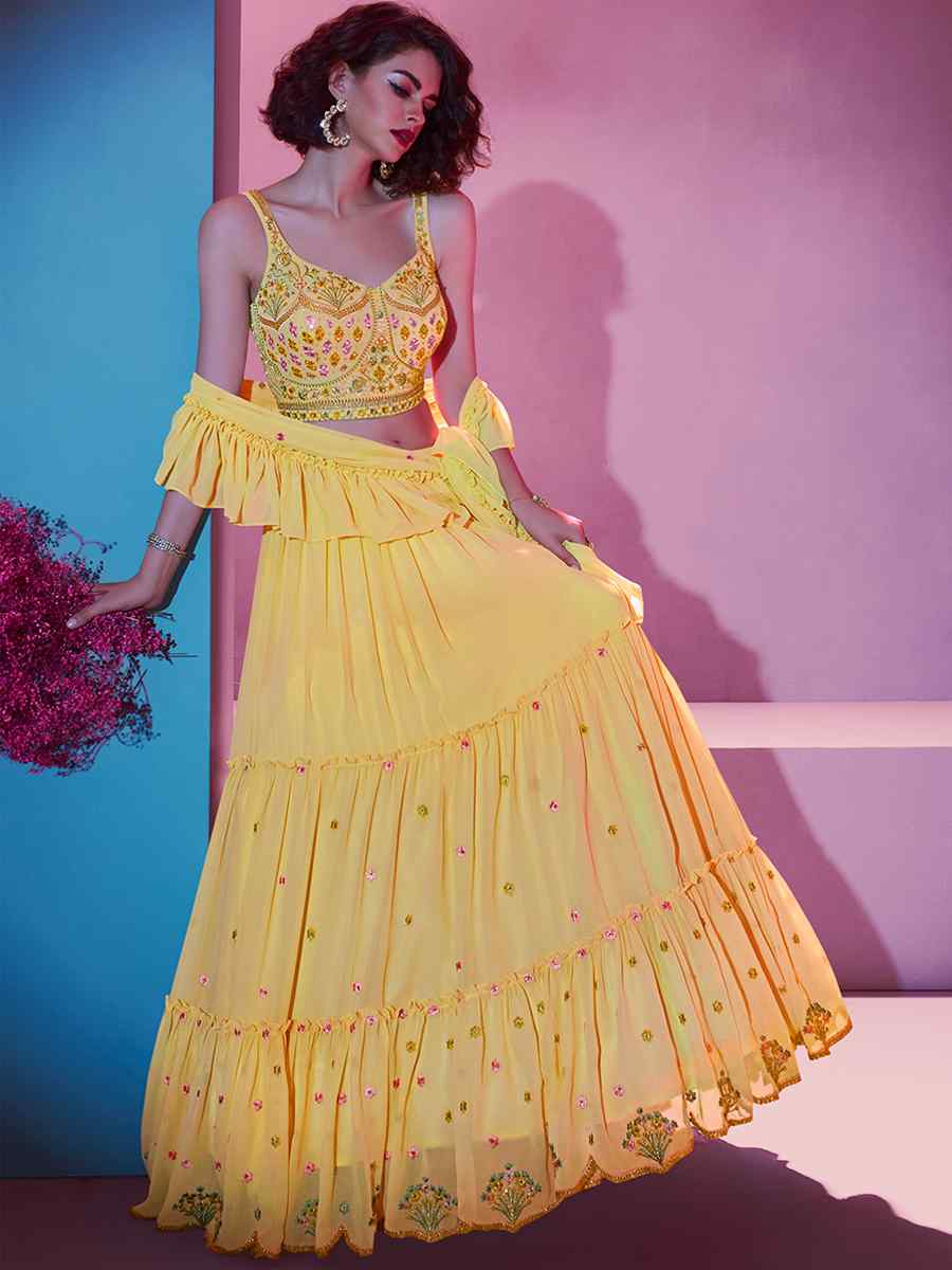 Yellow Georgette Embroidered Party Wear Festival Circular Lehenga Choli
