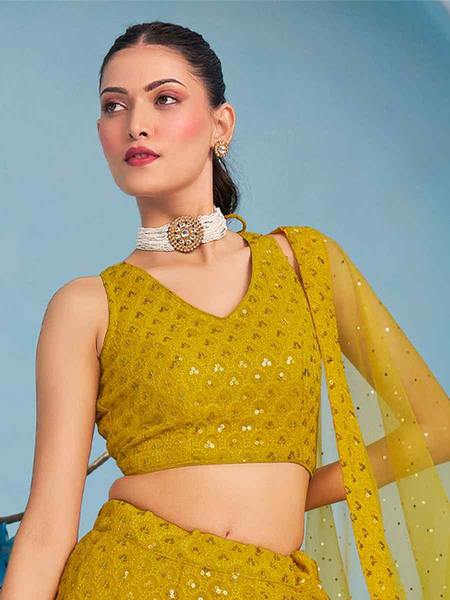Yellow Georgette Embroidered Reception Wedding Heavy Border Lehenga Choli
