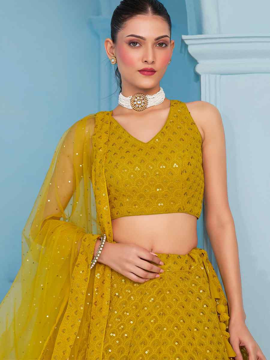 Yellow Georgette Embroidered Reception Wedding Heavy Border Lehenga Choli