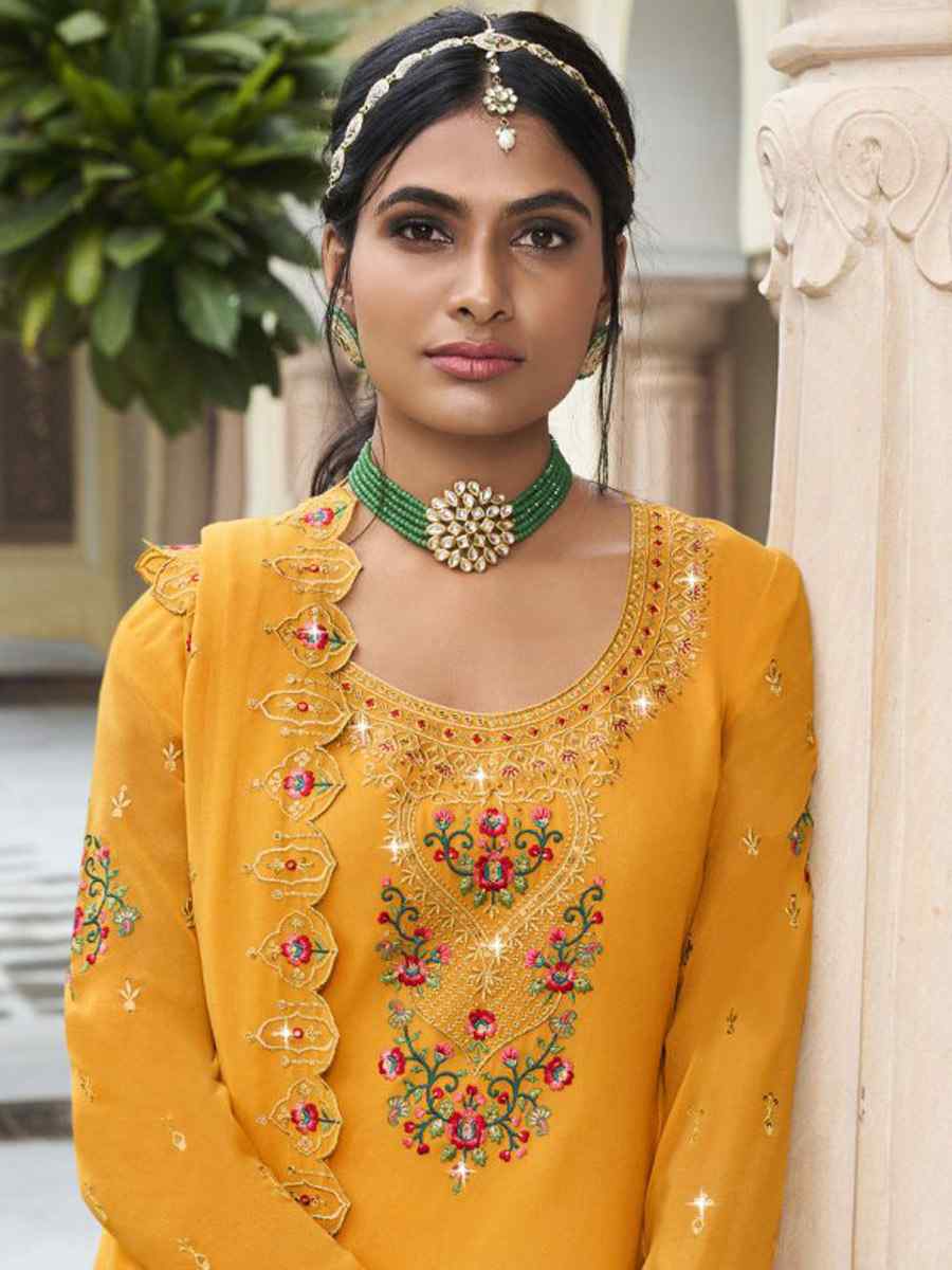 Yellow Georgette Embroidered Wedding Festival Sharara Pant Salwar Kameez