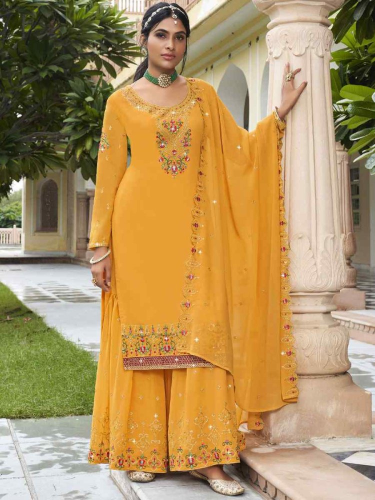 Yellow Georgette Embroidered Wedding Festival Sharara Pant Salwar Kameez