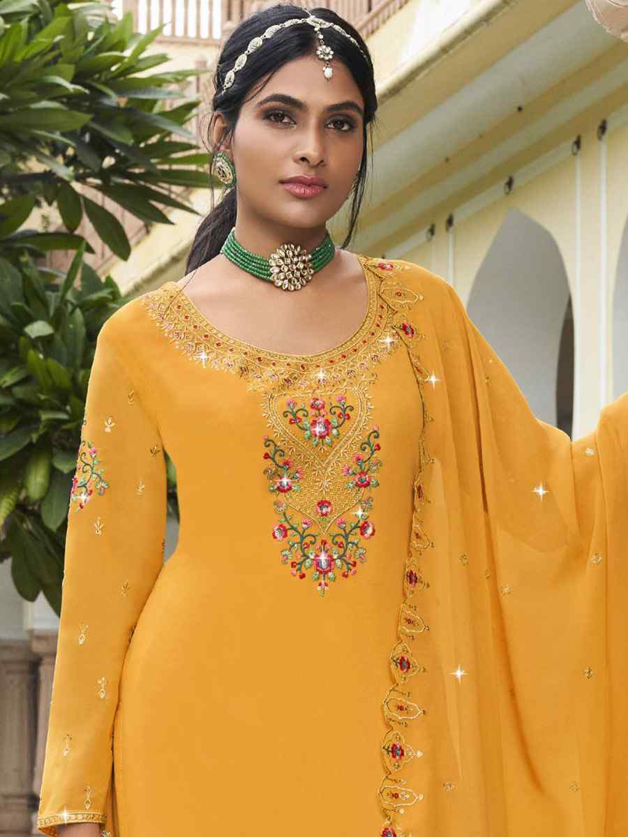 Yellow Georgette Embroidered Wedding Festival Sharara Pant Salwar Kameez