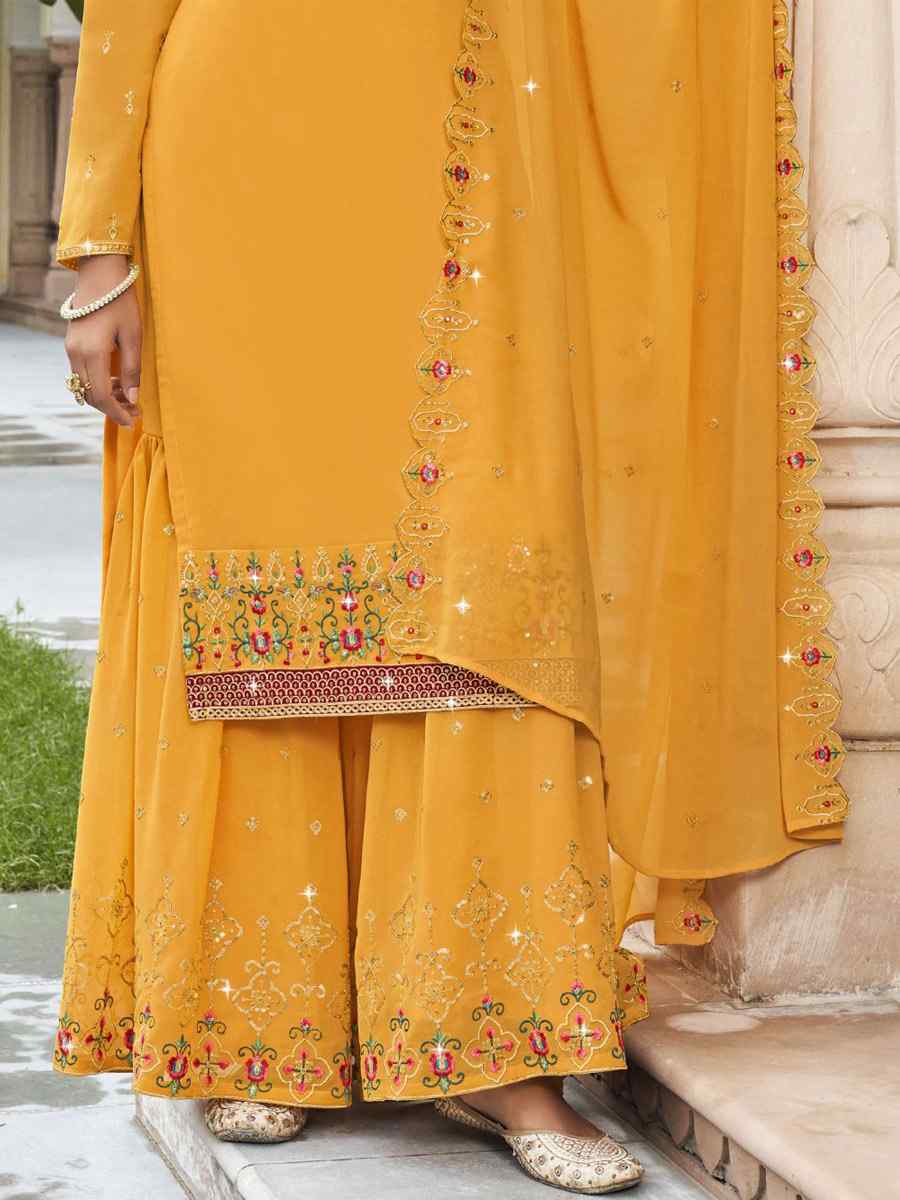 Yellow Georgette Embroidered Wedding Festival Sharara Pant Salwar Kameez