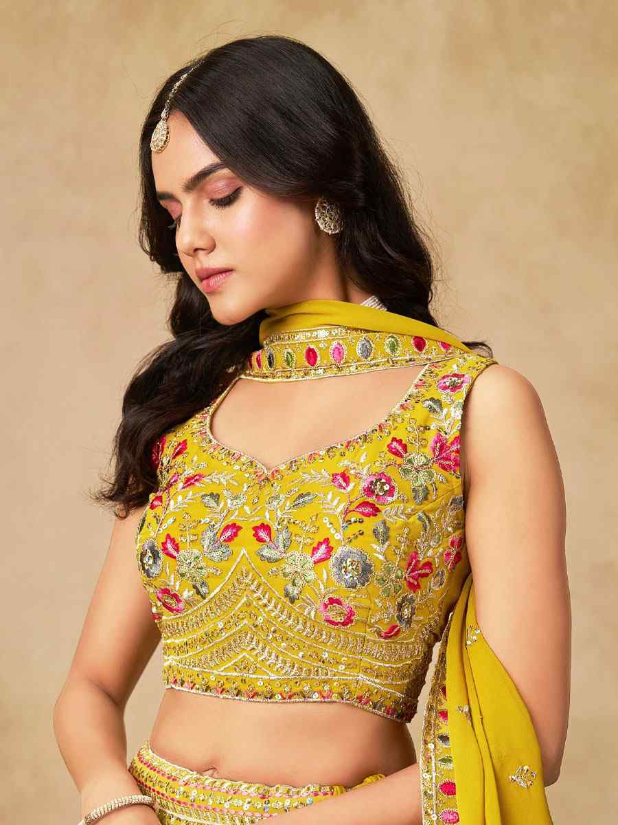 Yellow Georgette Embroidered Wedding Reception Festival Heavy Border Lehenga Choli